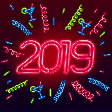 2019 vector text. New Year glowing neon color sign.