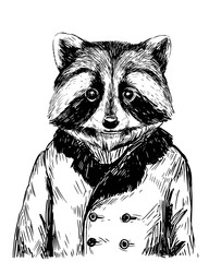 Sketch of racoon in coat. Hand drawn vector © aksol
