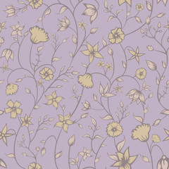 Vector Petite Indian Floral Ornaments line art in pastel purple seamless pattern background. Perfect for fabric, scrapbooking and wallpaper projects.