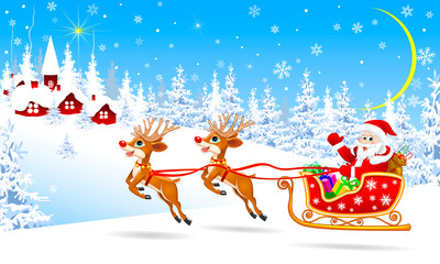 Santa on a sleigh with deers welcomes. Santa and deer on background village and winter forest