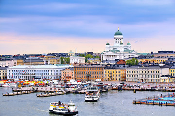 Helsinki cityscape with Helsinki Cathedral and Market Square, Finland - obrazy, fototapety, plakaty