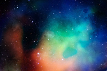 Colorful abstract space background on watercolor paper. Marble ink nebula image. Hand painted cosmos and stars.