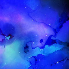 Colorful abstract space background on watercolor paper. Marble ink nebula image. Hand painted cosmos and stars.