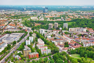 Aerial view of Munich quarters from Olympia Tower in Olympia Park