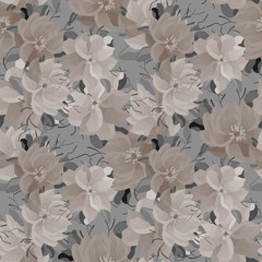 Vector floral monochrome seamless pattern in watercolor style with flowers and leaves. Gentle, spring, summer floral background.