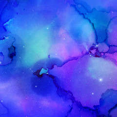 Colorful abstract space background on watercolor paper. Marble ink nebula image. Hand painted cosmos and stars.