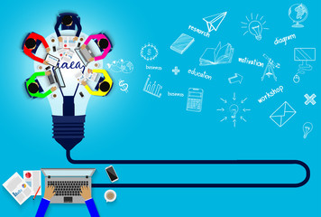 Fototapeta premium Business meeting Concept. teamwork. Businessmen help to brainstorm modern idea. and to achieve higher And success in the organization. Vector illustration infographic template. light bulb and icon