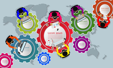 Business meeting in the form of gears and map. Businessmen help to brainstorm modern idea. consulting, teamwork, project management, financial report and strategy. to achieve and success. Infographic
