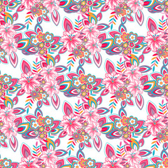 Fototapeta na wymiar Vector floral ethnic seamless pattern in doodle style with flowers and leaves. Gentle, spring, summer floral background.