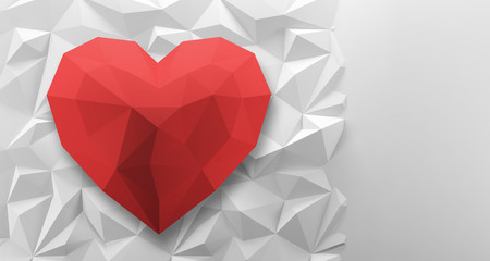 White low poly background with red heart. 3d rendering.
