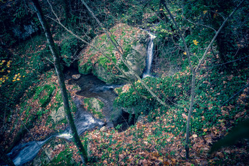 creek and waterfall on a gloomy and foggy autumn day, Sassinoro creek, Matese mounts, Campania, Italy