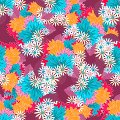 Fototapeta na wymiar Vector floral ethnic seamless pattern in doodle style with flowers and leaves. Gentle, spring, summer floral background.