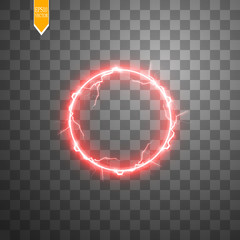 Red round frame. Shining circle banner. Isolated on black transparent background. Vector illustration