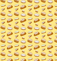 Seamless pattern of cakes pies bakery vector illustration sketch yellow