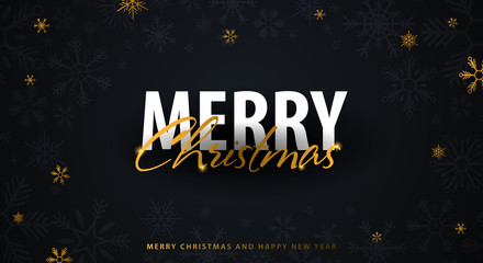 Merry Christmas and Happy New Year. Dark background with gold snowflakes. Vector illustration.