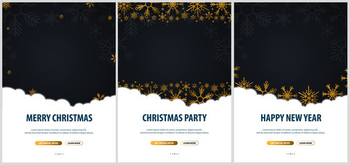 Fototapeta na wymiar Set of Merry Christmas and Happy New Year banners. Dark background with gold snowflakes. Vector illustration.