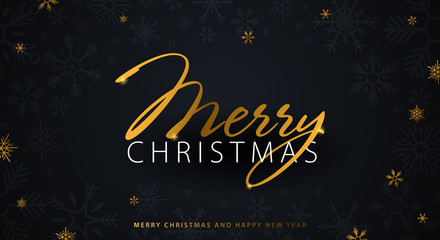 Merry Christmas and Happy New Year. Dark background with gold snowflakes. Vector illustration.
