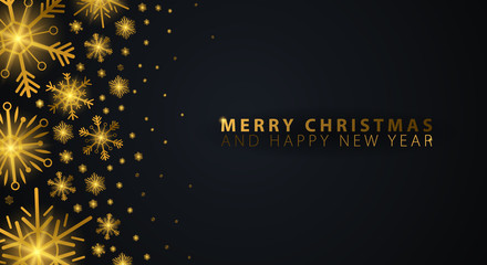 Merry Christmas and Happy New Year. Dark background with gold snowflakes. Vector illustration.