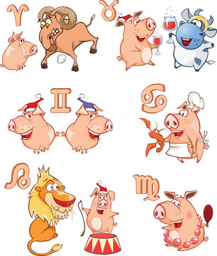 Vector Illustration of a Cute Pigs. Astrological Sign. Cartoon Character