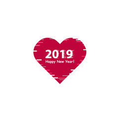 Creative happy new year 2019 design with line art heart icon. Flat design with shadow. Outline.