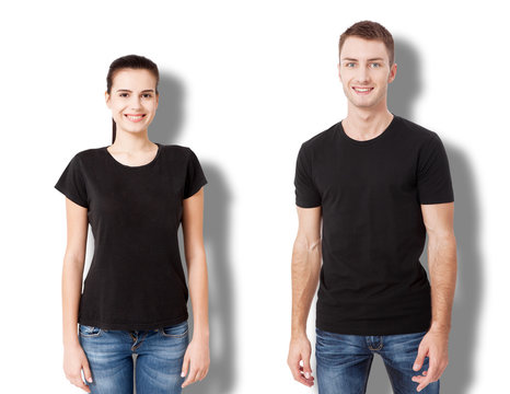 Shirts Design And Fashion Concept Close Up Of Young Man And Woman In Blank Black T-shirt Front With Shadow Isolated.