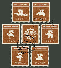 Vector set of postage stamps on the theme of coffee in retro style with rubber stamps. Postmarks with animals from different countries, carrying coffee