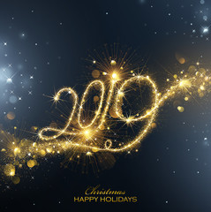 New Year Fireworks 2019 with Flickering Lights Effect. Vector - obrazy, fototapety, plakaty