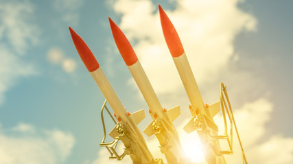 three missiles on the installation are aimed upwards. weapons of mass destruction, missile defense....
