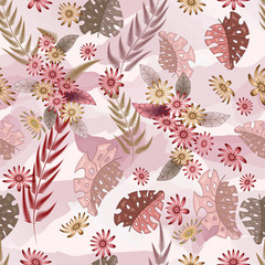 Seamless texture. Multicolor pattern of  flowers and tropical leaves. Design for cover, wrapper, fabric or embroidery