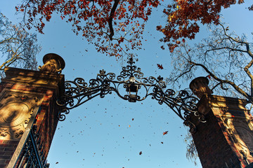 entrance to the Harvard campus. Harvard University's iron gate in Cambridge, Massachusetts, USA