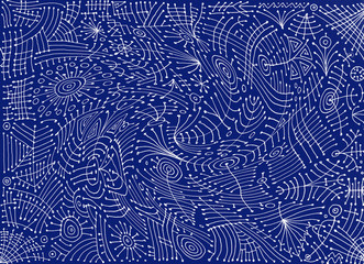 Abstract symbolic background. Geometric, futuristic picture drawing. White pattern on blue background.