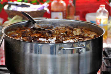 Stew in metal pot on plaid tablecloth. Balkan traditional food.