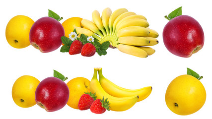 Bananas, strawberries and apples   isolated on white background