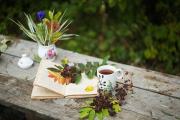 Cup of tea, book, flowers, autumn