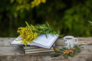 Cup of tea, book, flowers, autumn