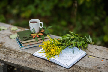 Cup of tea, book, flowers, autumn