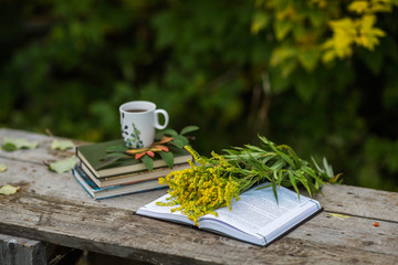 Cup of tea, book, flowers, autumn