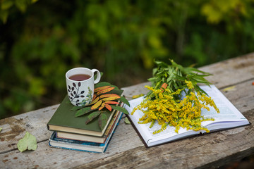Cup of tea, book, flowers, autumn