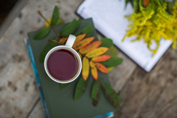 Cup of tea, book, flowers, autumn