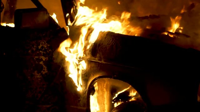 Burning Car Sedan, Fire Night, Close-up