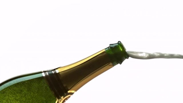 open a bottle of champagne on a white background in slow motion