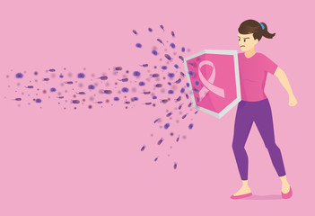 Woman used shield with breast cancer logo for protect cancer cell. Concept Illustration about health care and medical.