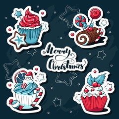 Christmas stickers with cupcakes and sweets. Doodle hand drawn vector set. Illustration with merry christmas lettering. Hand drawn vector card with сhristmas elements and lettering merry christmas.
