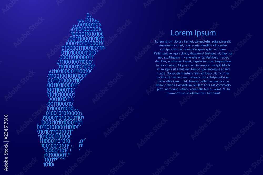 Fototapete sweden map abstract schematic from blue ones and zeros binary digital code with space stars for bann