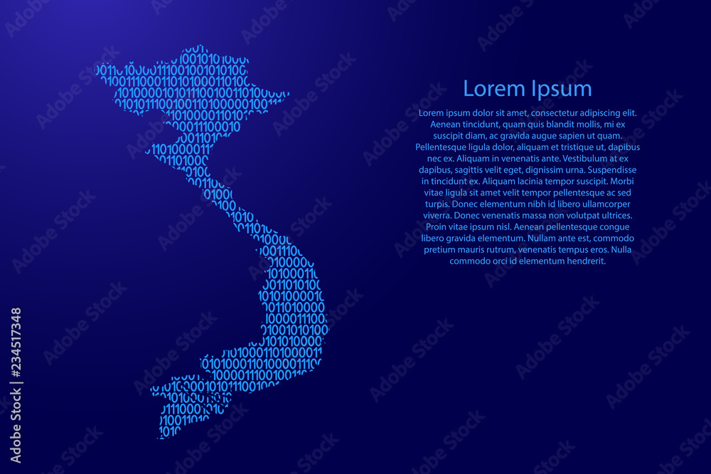 Fototapete vietnam map abstract schematic from blue ones and zeros binary digital code with space stars for ban