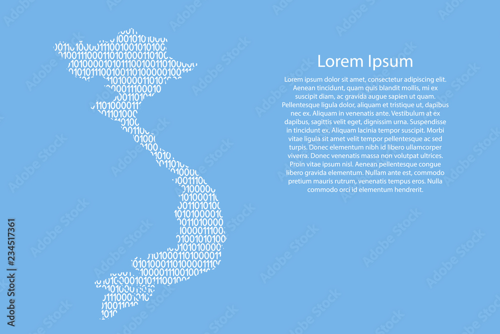 Fototapete vietnam map abstract schematic from white ones and zeros binary digital code on light blue backgroun