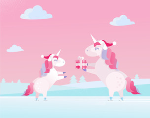 Christmas unicorn in Santa Claus cap gives present in festive box to small unicorn child. Two unicorns are skating. Gentle pink blue colors. Flat cartoon style illustration with textures and gradients