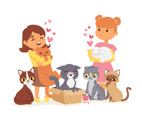 Children with pets adopt friendship concept vector illustration. Love child cat adoption.