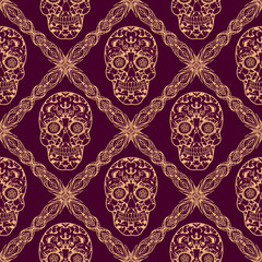 Embroidery colorful simplified ethnic tracery and skull pattern . Vector  traditional folk bone ornament on  background for design. boho chic