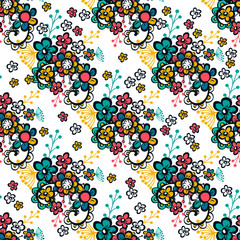 Vector floral ethnic seamless pattern in doodle style with flowers and leaves. Gentle, spring, summer floral background.
